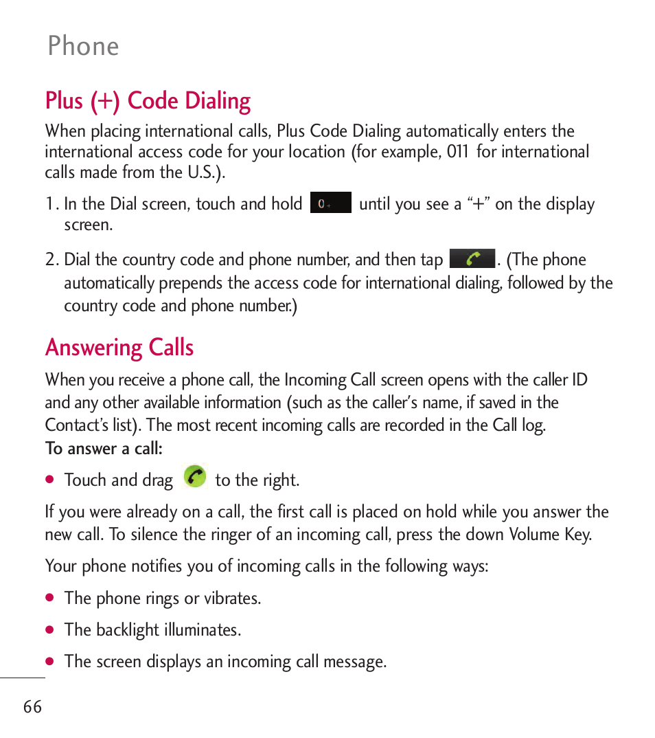 Phone, Plus (+) code dialing, Answering calls | LG LGL55C User Manual | Page 68 / 506