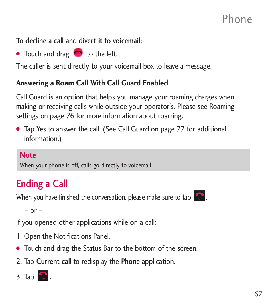 Phone, Ending a call | LG LGL55C User Manual | Page 69 / 506