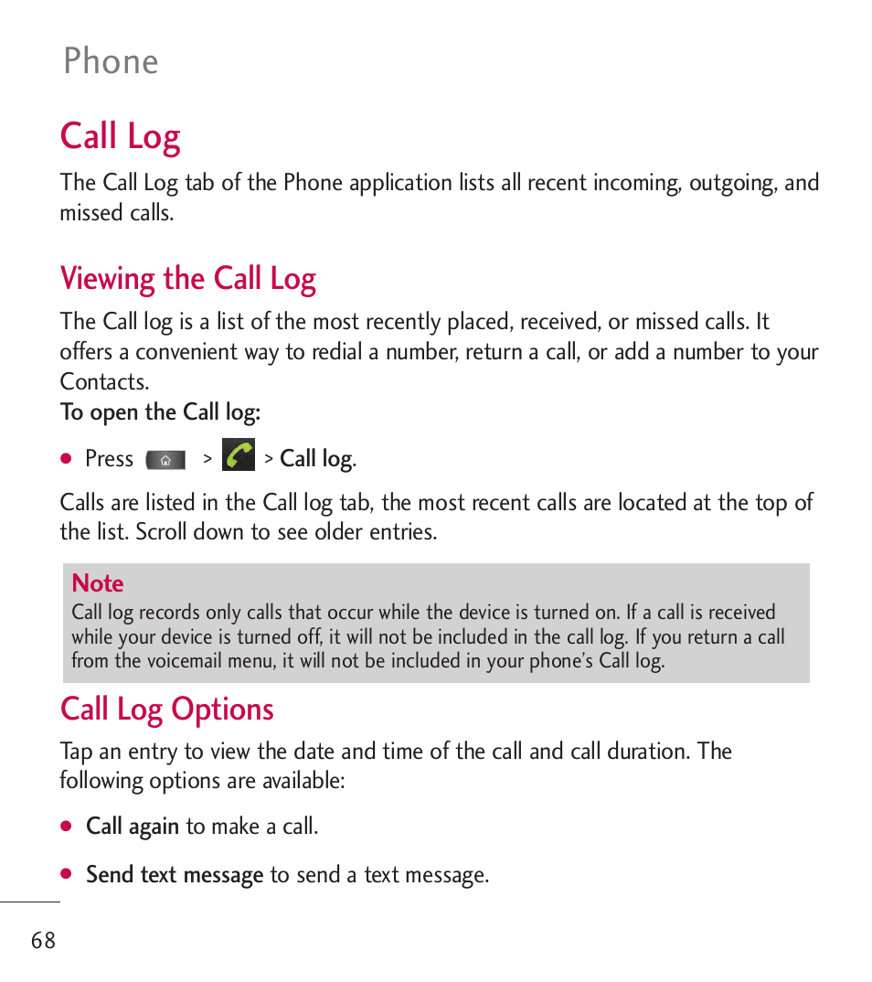 Call log, Phone, Viewing the call log | Call log options | LG LGL55C User Manual | Page 70 / 506