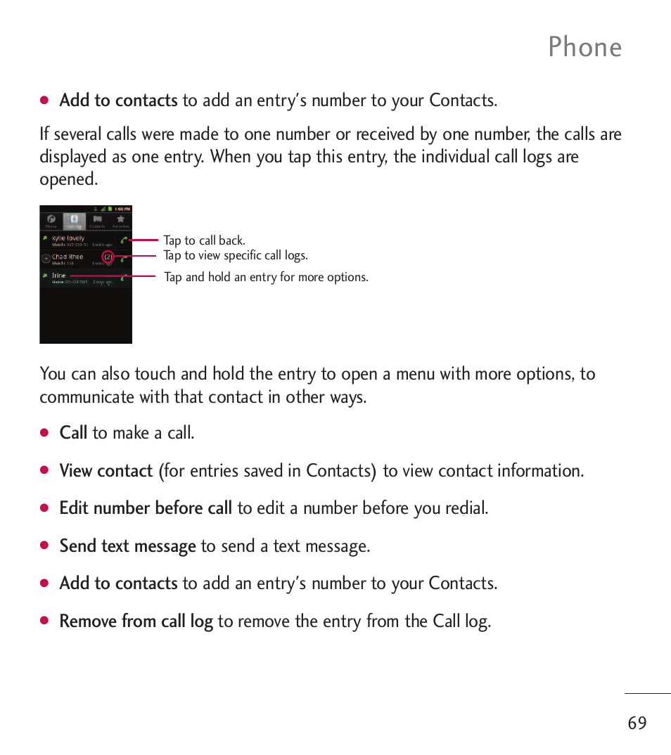 Phone, Call to make a call, Send text message to send a text message | LG LGL55C User Manual | Page 71 / 506