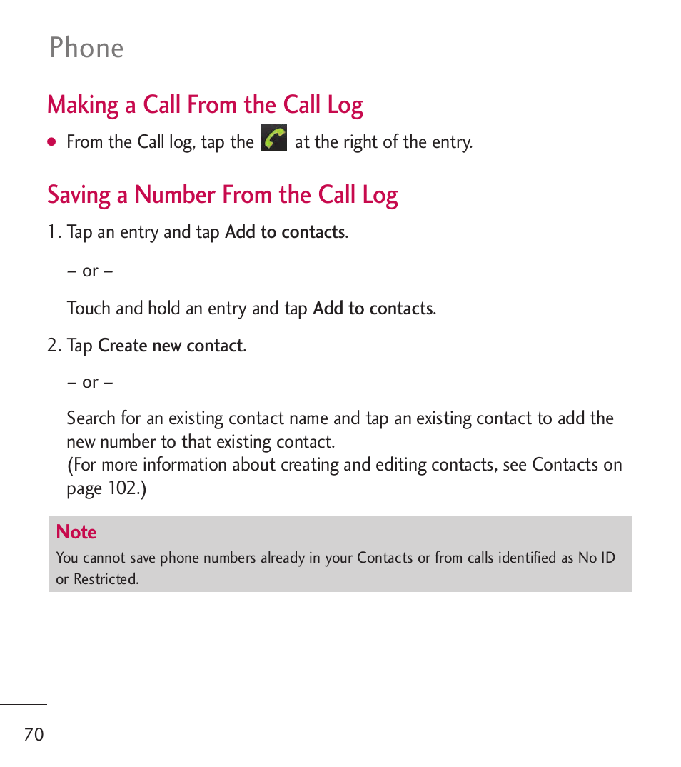 Phone, Making a call from the call log, Saving a number from the call log | LG LGL55C User Manual | Page 72 / 506