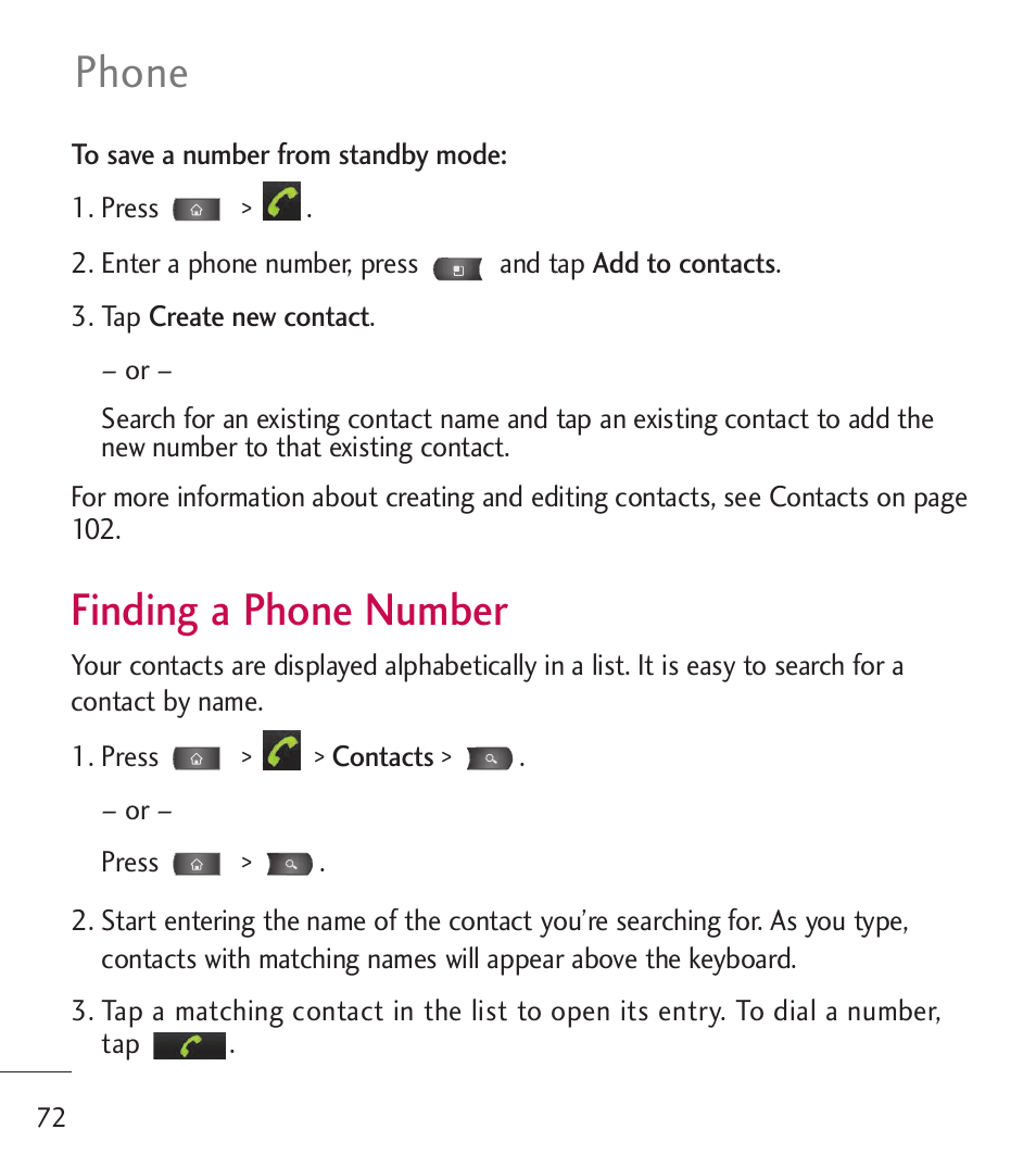 Finding a phone number, Phone | LG LGL55C User Manual | Page 74 / 506