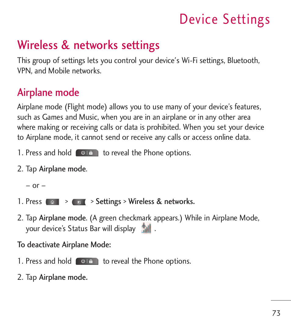 Device settings, Wireless & networks settings, Airplane mode | LG LGL55C User Manual | Page 75 / 506