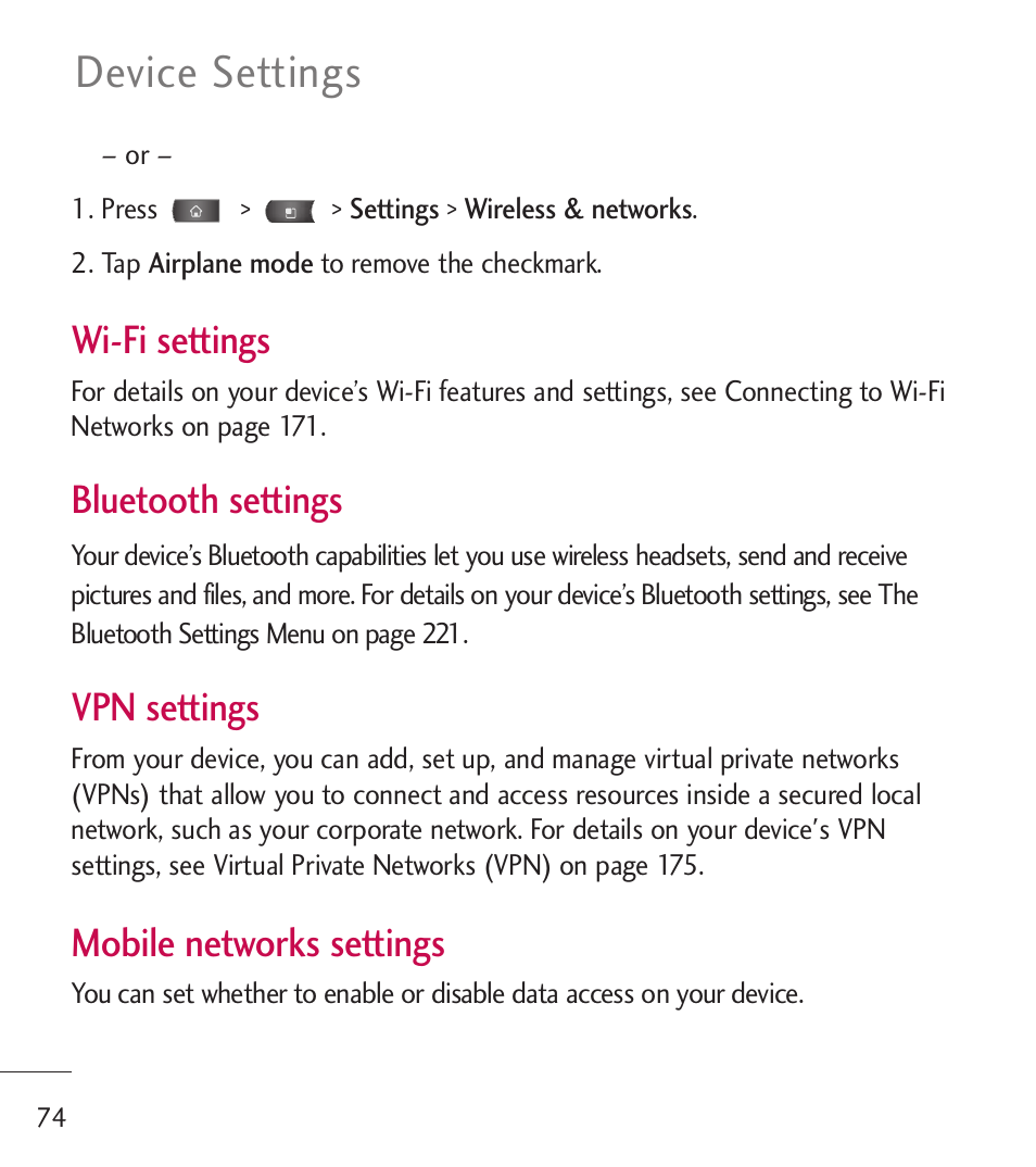 Device settings, Wi-fi settings, Bluetooth settings | Vpn settings, Mobile networks settings | LG LGL55C User Manual | Page 76 / 506