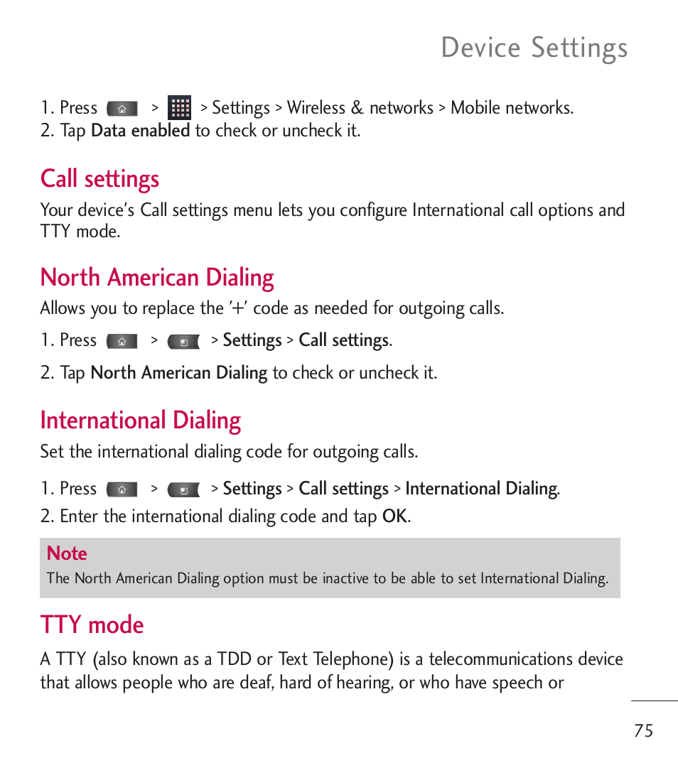 Device settings, Call settings, North american dialing | International dialing, Tty mode | LG LGL55C User Manual | Page 77 / 506