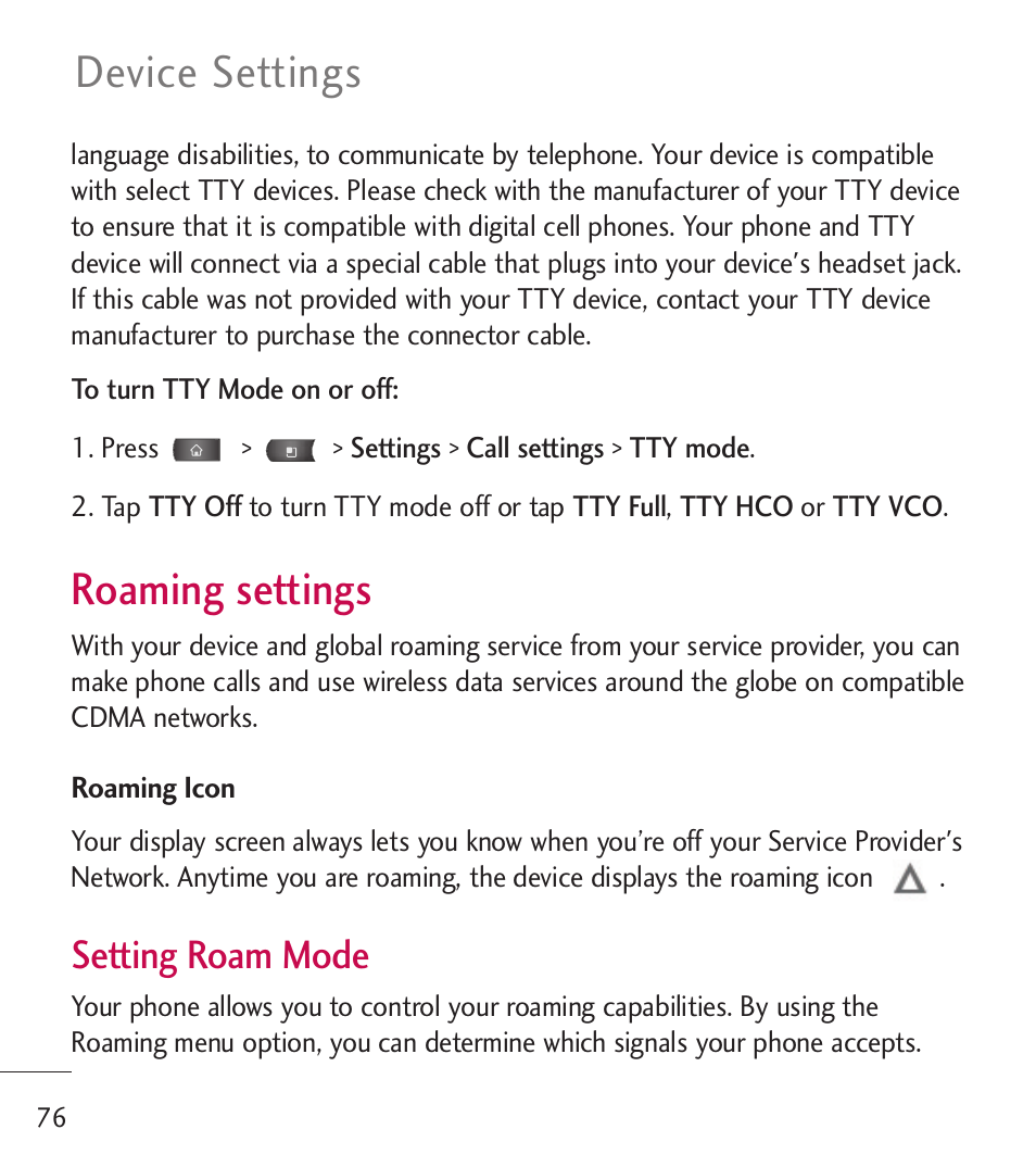 Roaming settings, Device settings, Setting roam mode | LG LGL55C User Manual | Page 78 / 506