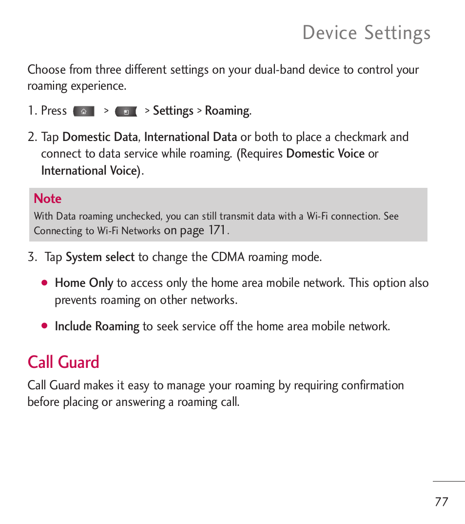 Device settings, Call guard | LG LGL55C User Manual | Page 79 / 506