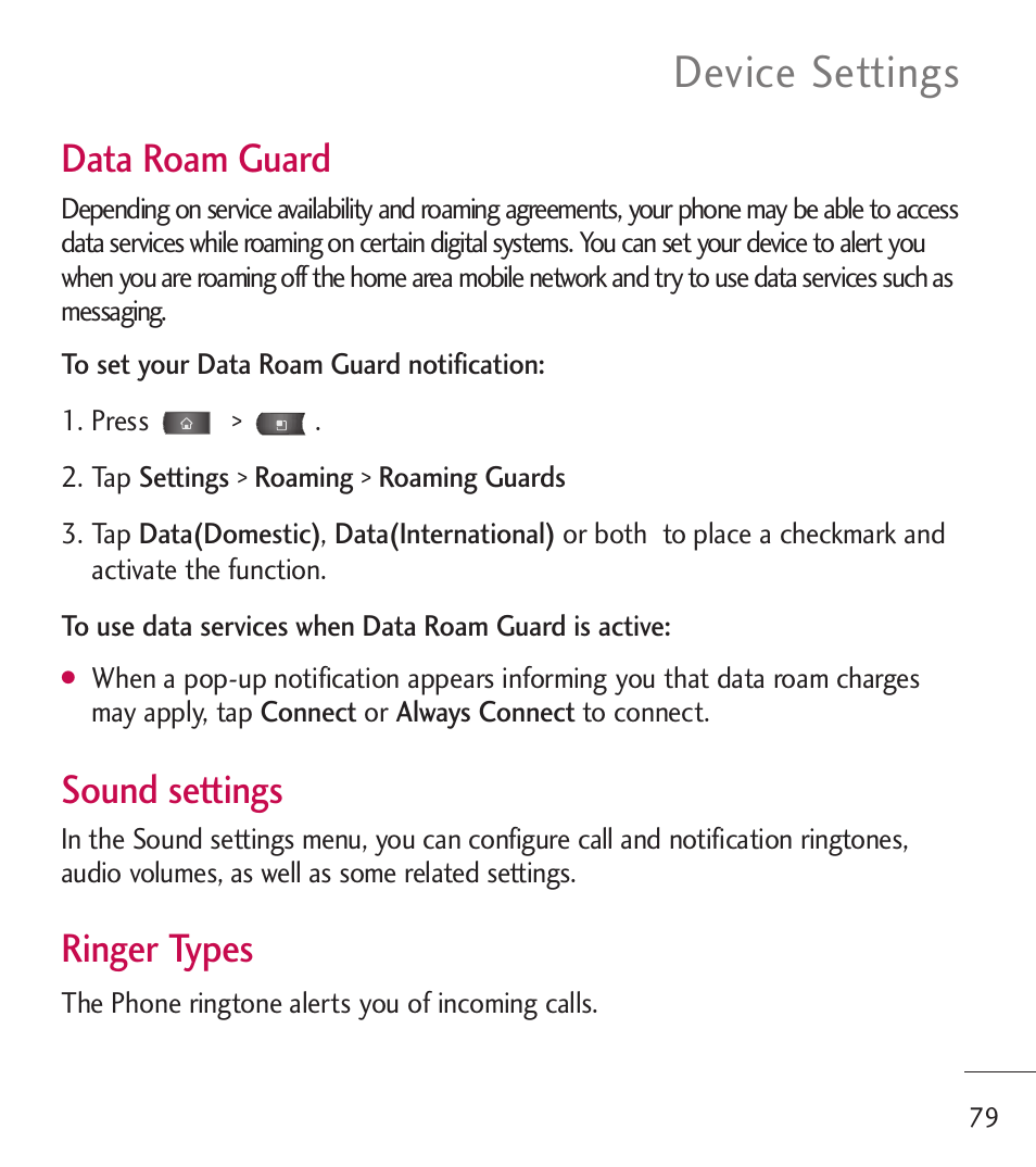 Device settings, Data roam guard, Sound settings | Ringer types | LG LGL55C User Manual | Page 81 / 506