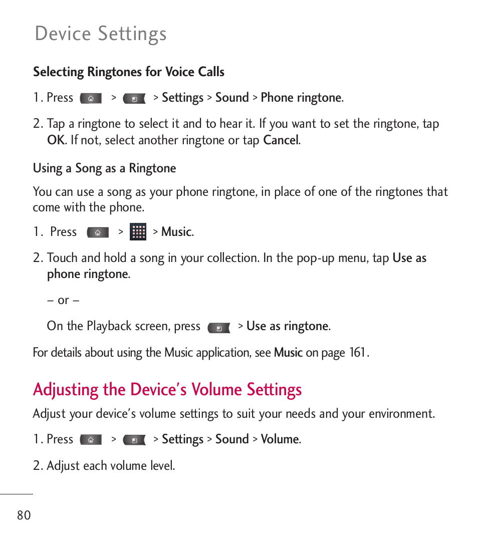 Device settings, Adjusting the device's volume settings | LG LGL55C User Manual | Page 82 / 506