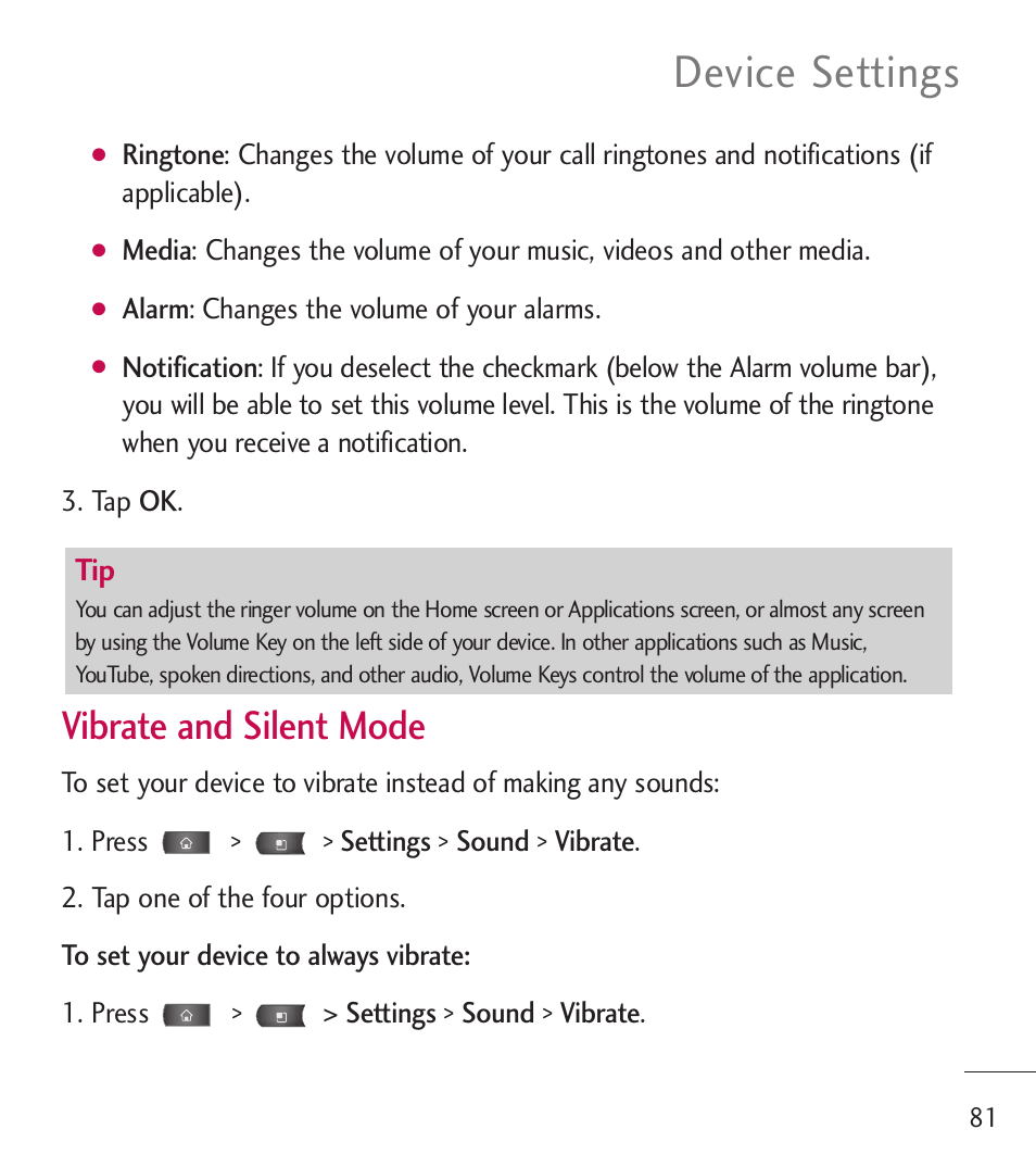 Device settings, Vibrate and silent mode | LG LGL55C User Manual | Page 83 / 506