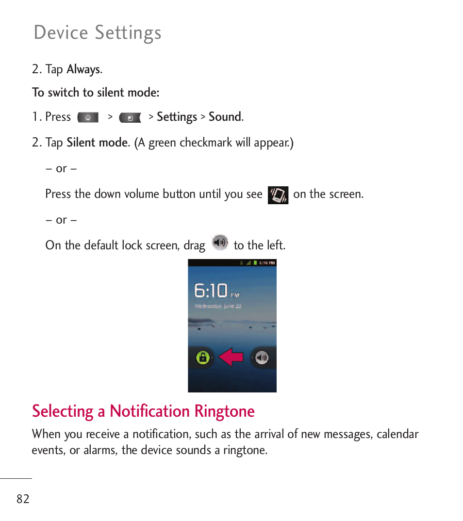 Device settings, Selecting a notification ringtone | LG LGL55C User Manual | Page 84 / 506