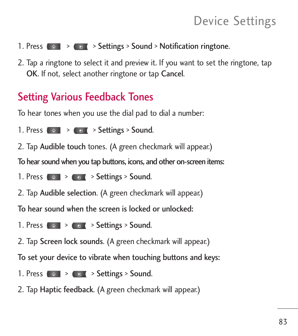 Device settings, Setting various feedback tones | LG LGL55C User Manual | Page 85 / 506