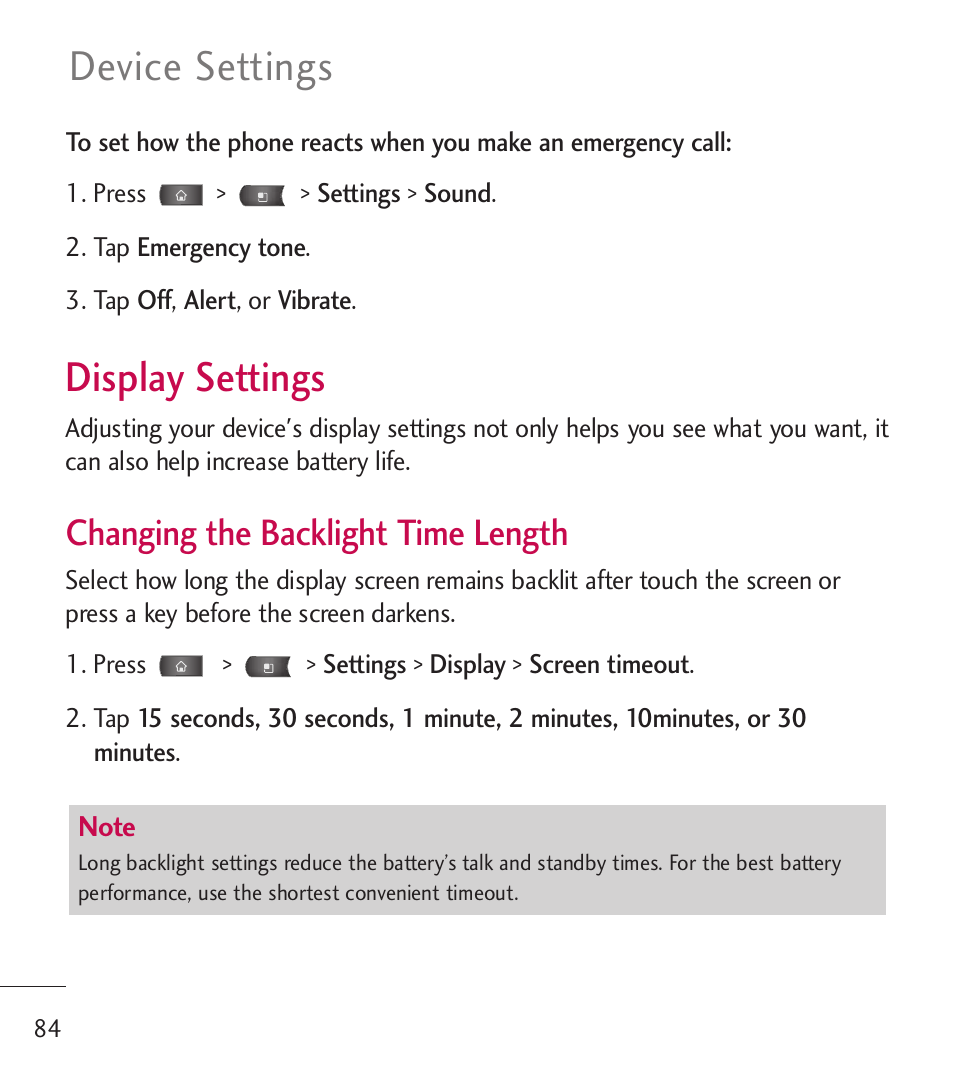 Display settings, Device settings, Changing the backlight time length | LG LGL55C User Manual | Page 86 / 506