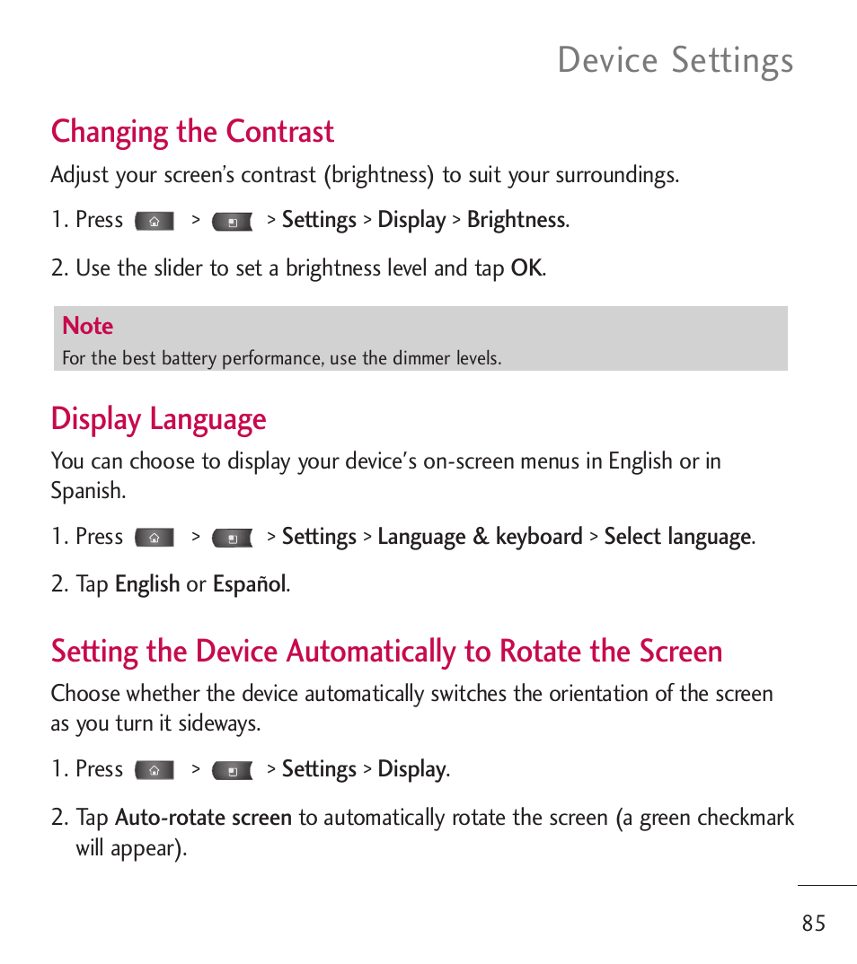 Device settings, Changing the contrast, Display language | LG LGL55C User Manual | Page 87 / 506