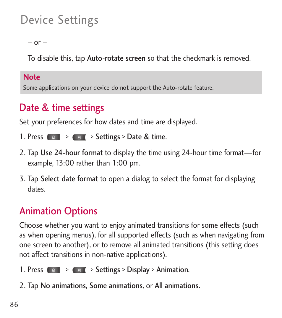 Device settings, Date & time settings, Animation options | LG LGL55C User Manual | Page 88 / 506