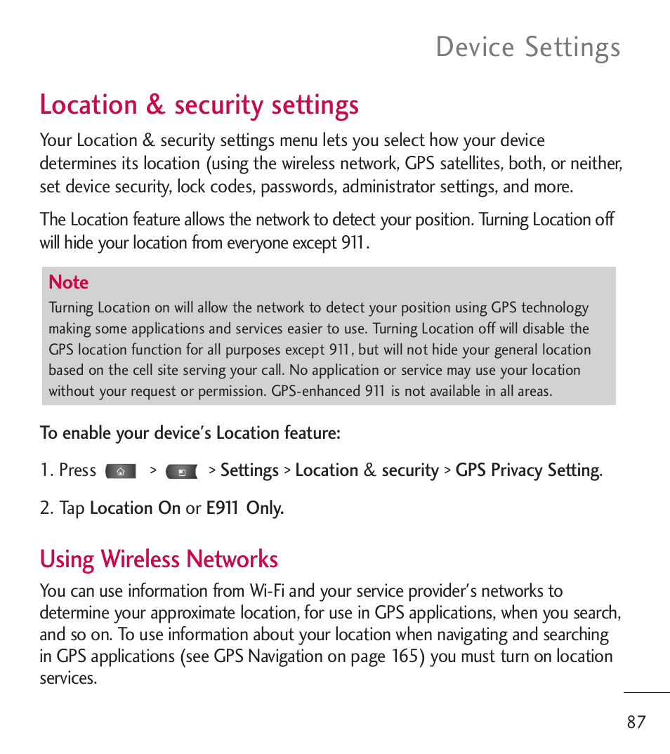 Location & security settings, Device settings, Using wireless networks | LG LGL55C User Manual | Page 89 / 506