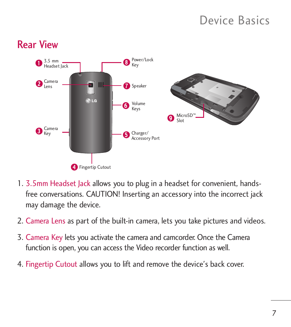 Device basics, Rear view | LG LGL55C User Manual | Page 9 / 506