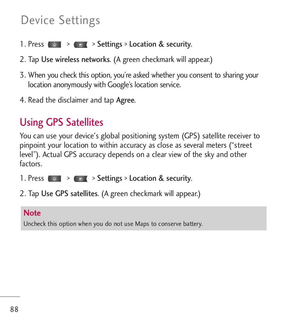 Device settings, Using gps satellites | LG LGL55C User Manual | Page 90 / 506