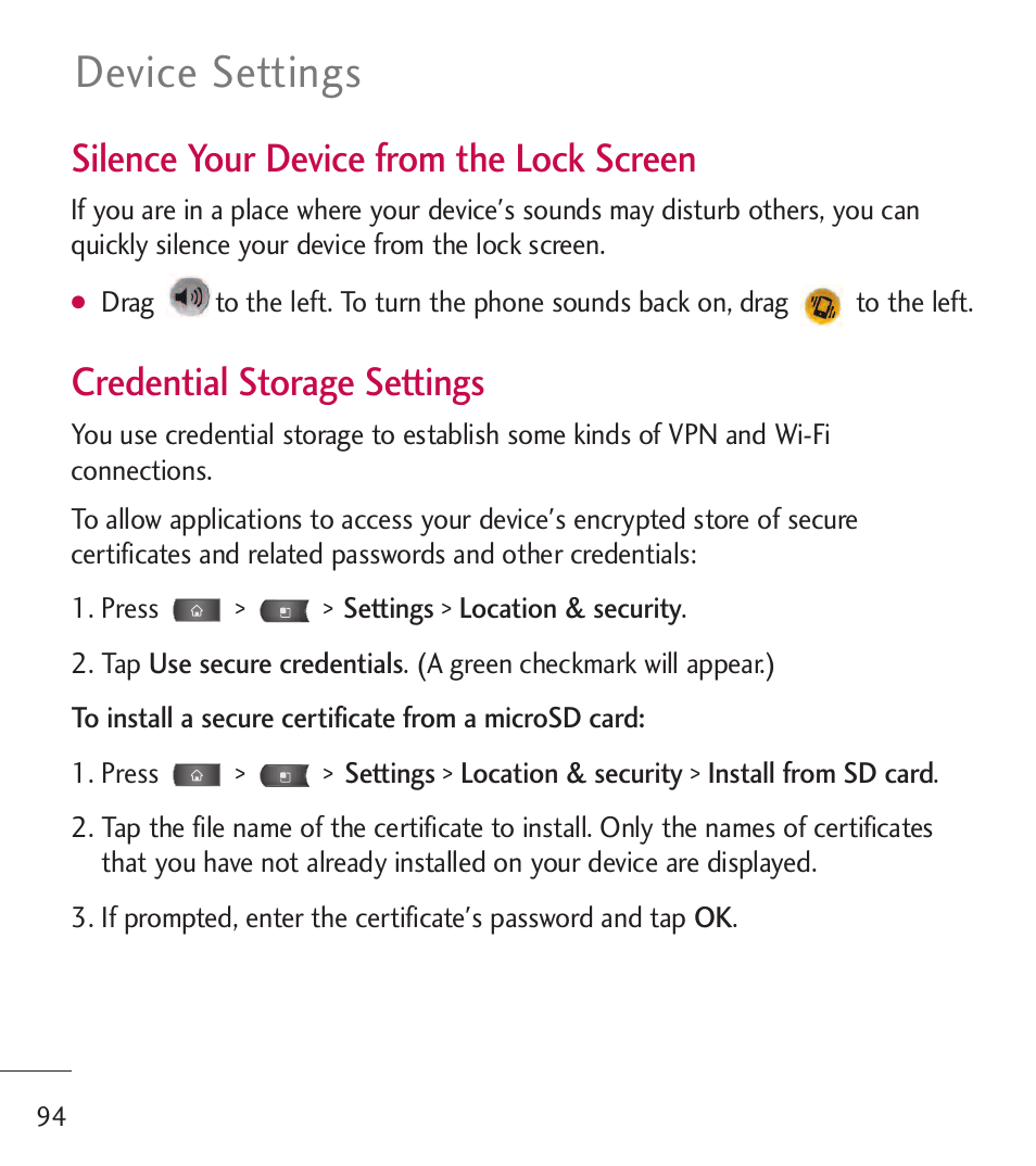 Device settings, Silence your device from the lock screen, Credential storage settings | LG LGL55C User Manual | Page 96 / 506