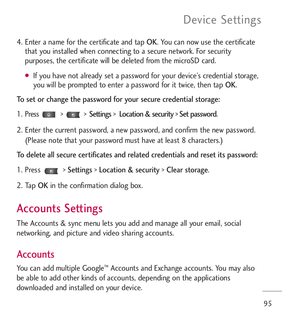 Accounts settings, Device settings, Accounts | LG LGL55C User Manual | Page 97 / 506