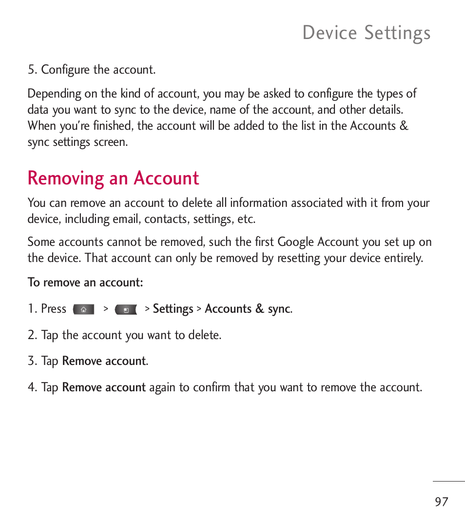 Removing an account, Device settings | LG LGL55C User Manual | Page 99 / 506