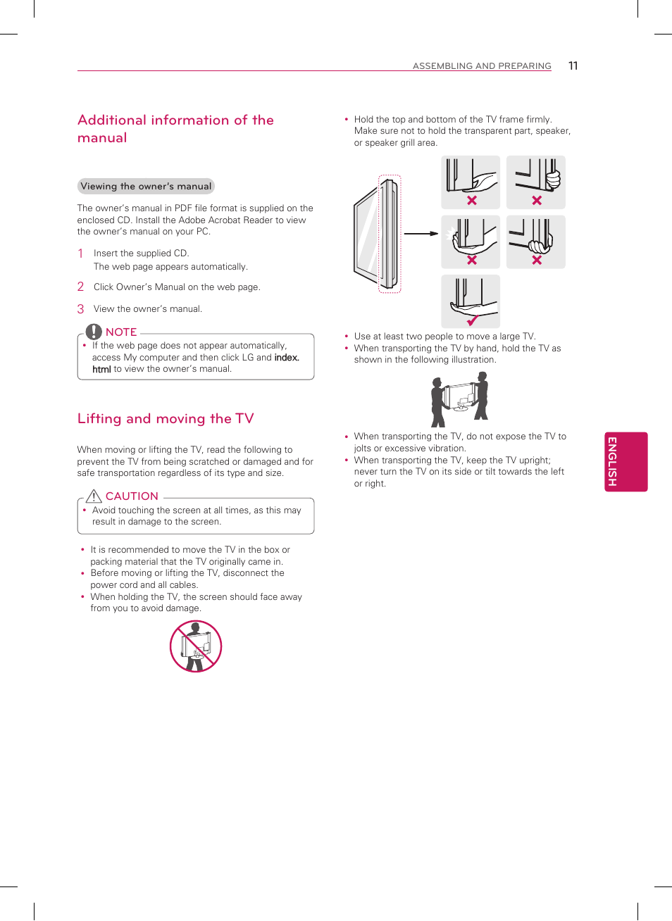 Lifting and moving the tv, Additional information of the manual | LG 50LN5400 User Manual | Page 11 / 48