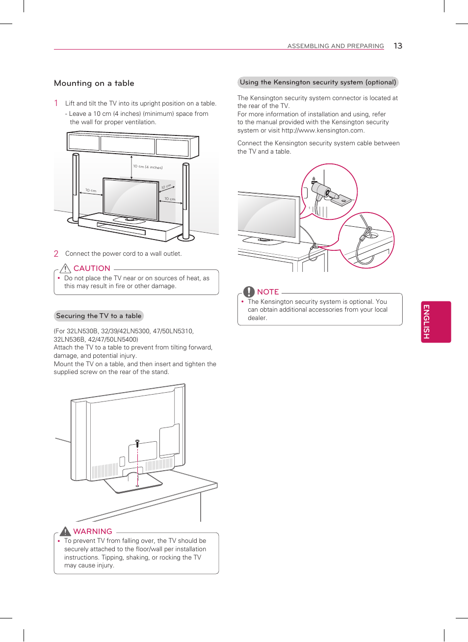Mounting on a table 1 | LG 50LN5400 User Manual | Page 13 / 48