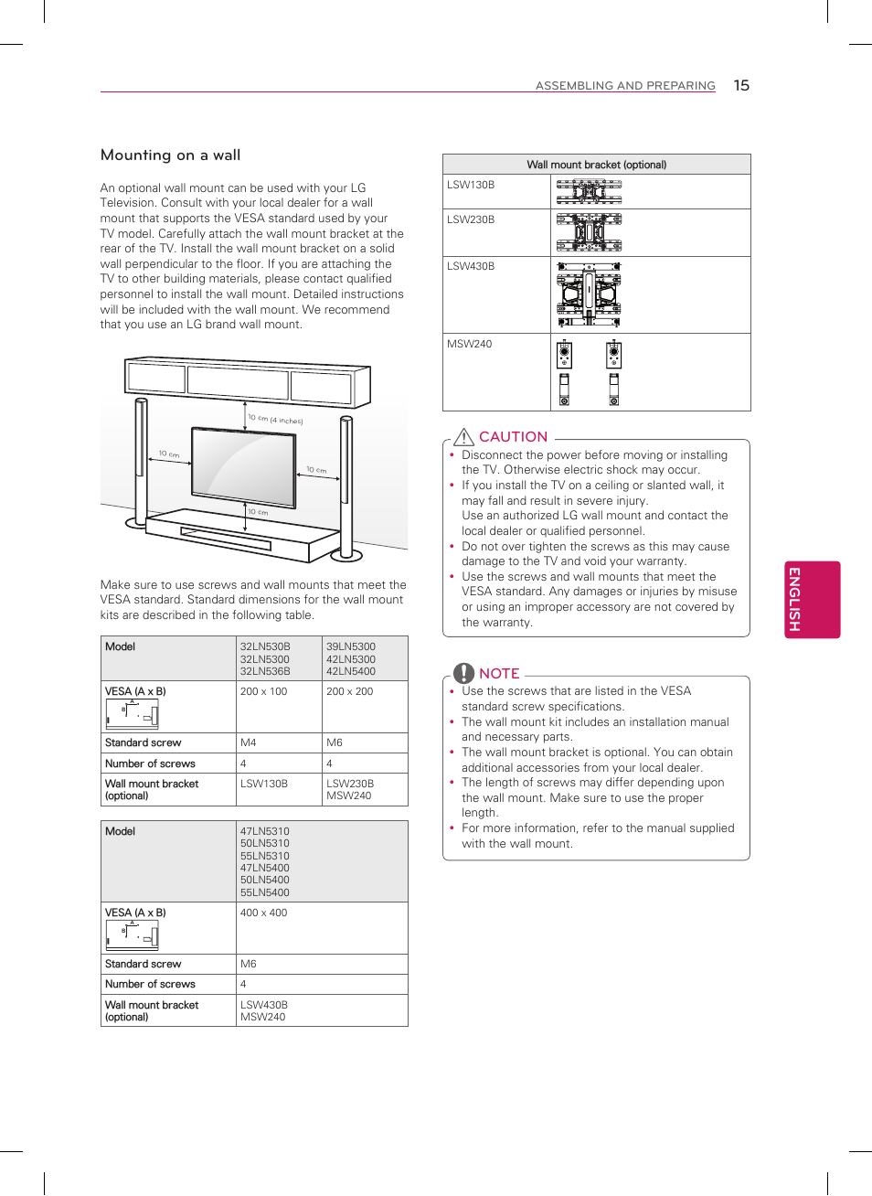 Mounting on a wall, English, Caution | LG 50LN5400 User Manual | Page 15 / 48