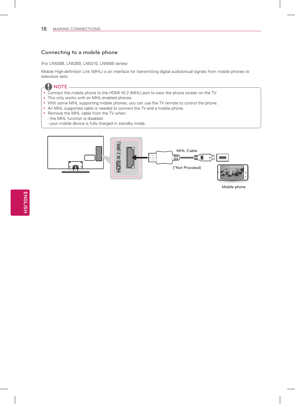 Connecting to a mobile phone | LG 50LN5400 User Manual | Page 18 / 48