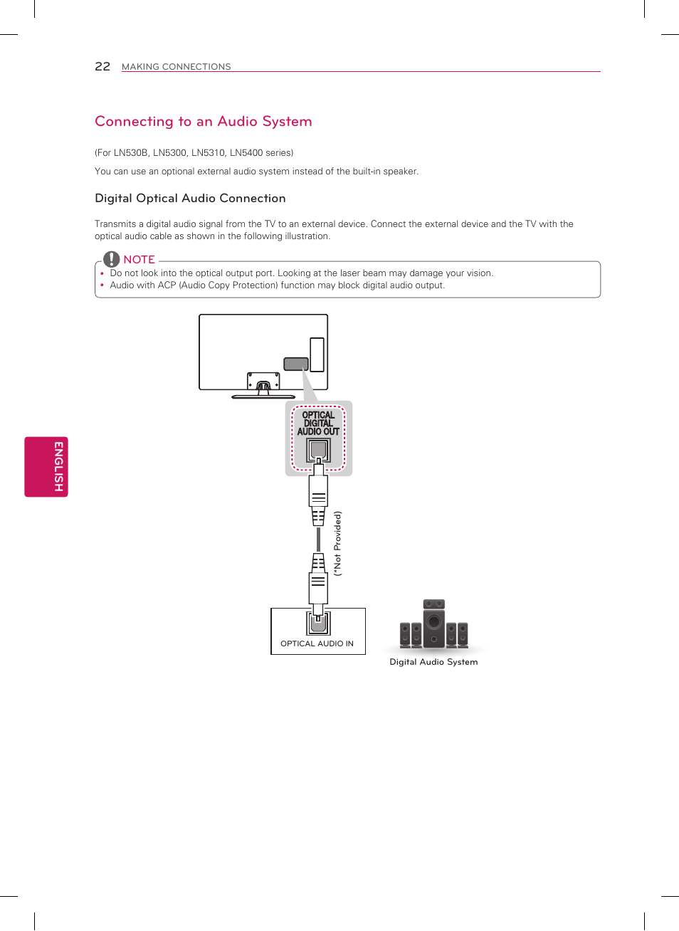 Connecting to an audio system, Digital optical audio connection | LG 50LN5400 User Manual | Page 22 / 48