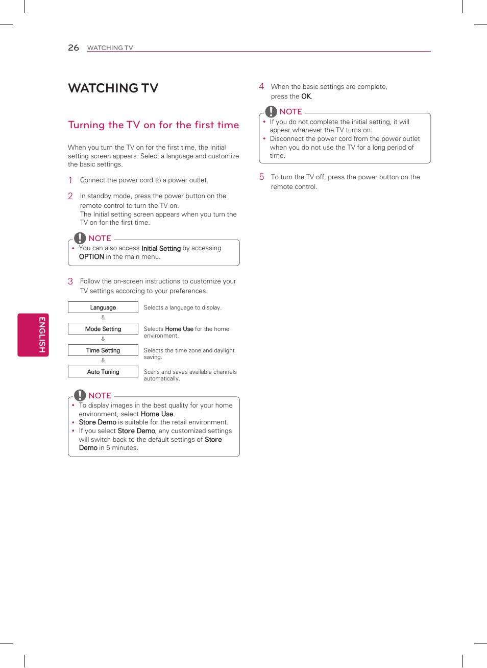 Watching tv, Turning the tv on for the first time | LG 50LN5400 User Manual | Page 26 / 48