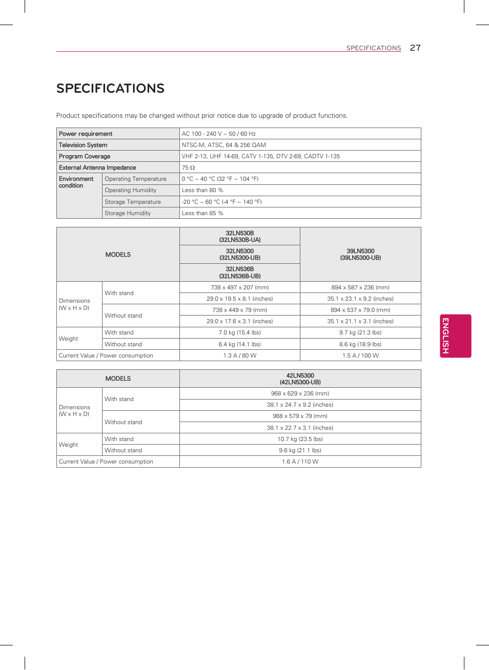 Specifications, English | LG 50LN5400 User Manual | Page 27 / 48