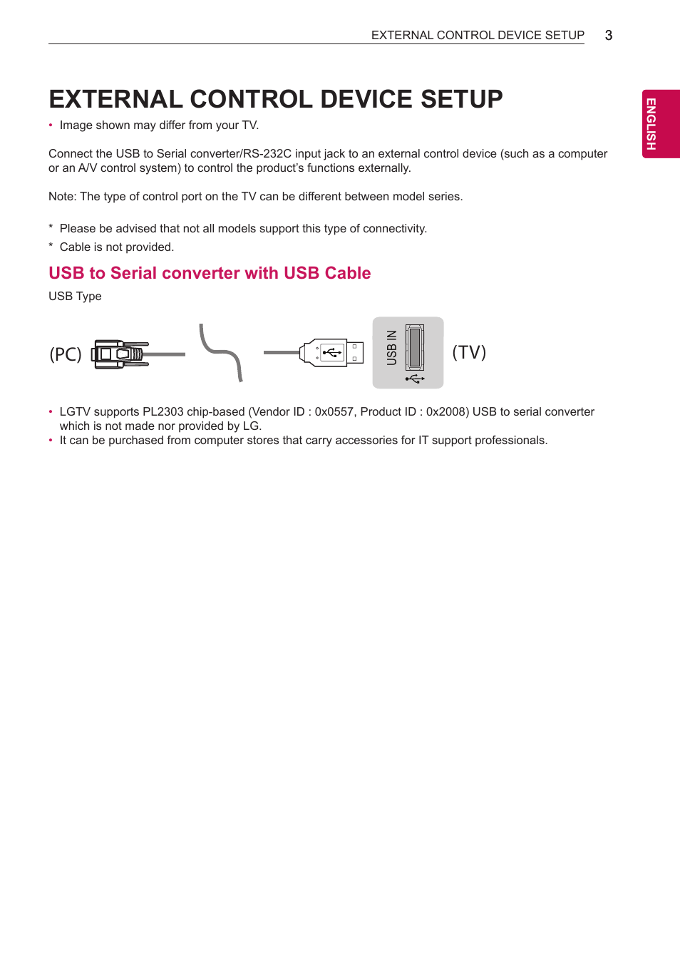 External control device setup, Tv) (pc) (pc), Tv) (pc) (tv) (pc) | Usb to serial converter with usb cable | LG 50LN5400 User Manual | Page 39 / 48