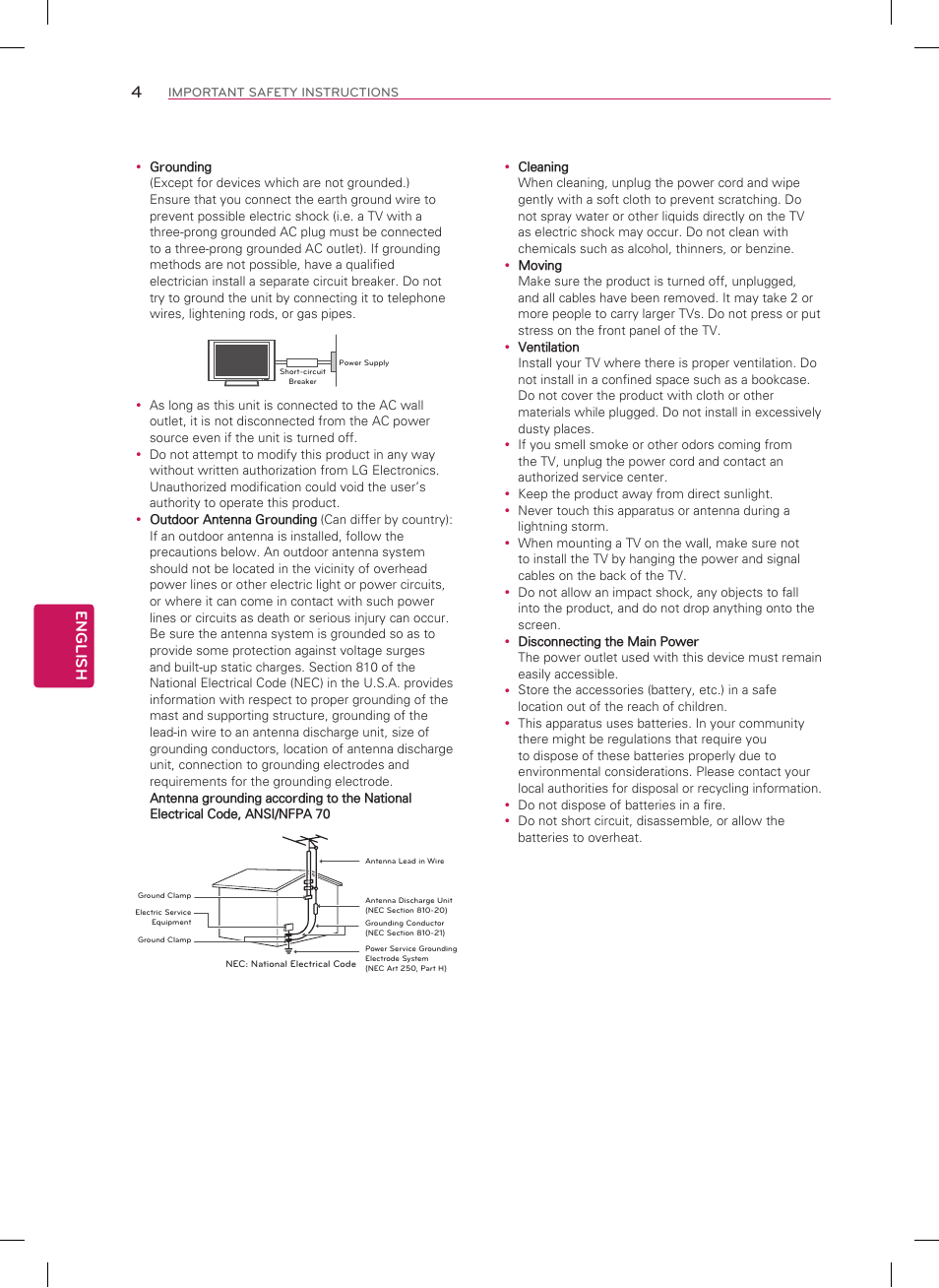 Short-circuit breaker power supply, English | LG 50LN5400 User Manual | Page 4 / 48