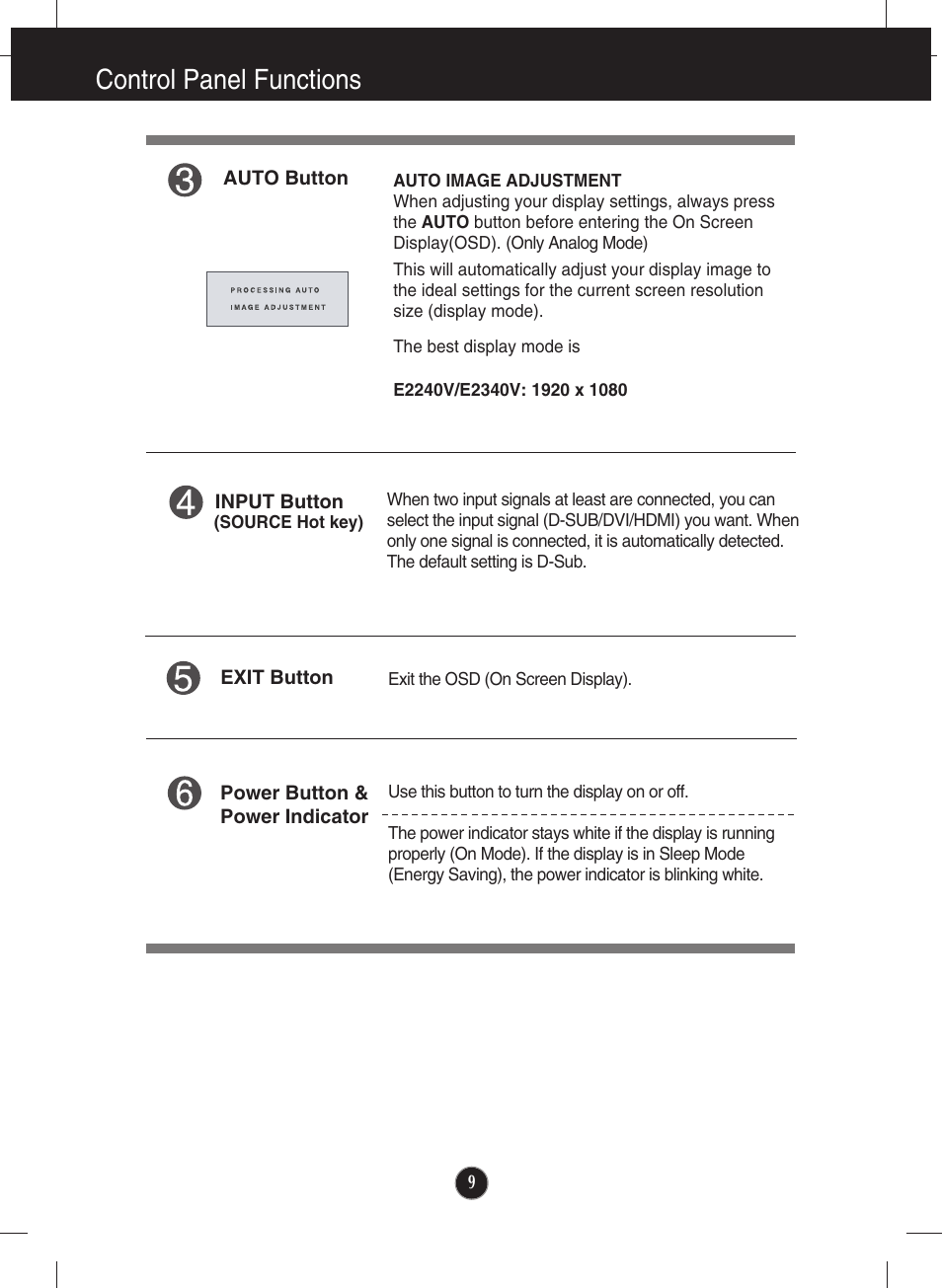 Control panel functions | LG E2340V-PN User Manual | Page 10 / 28