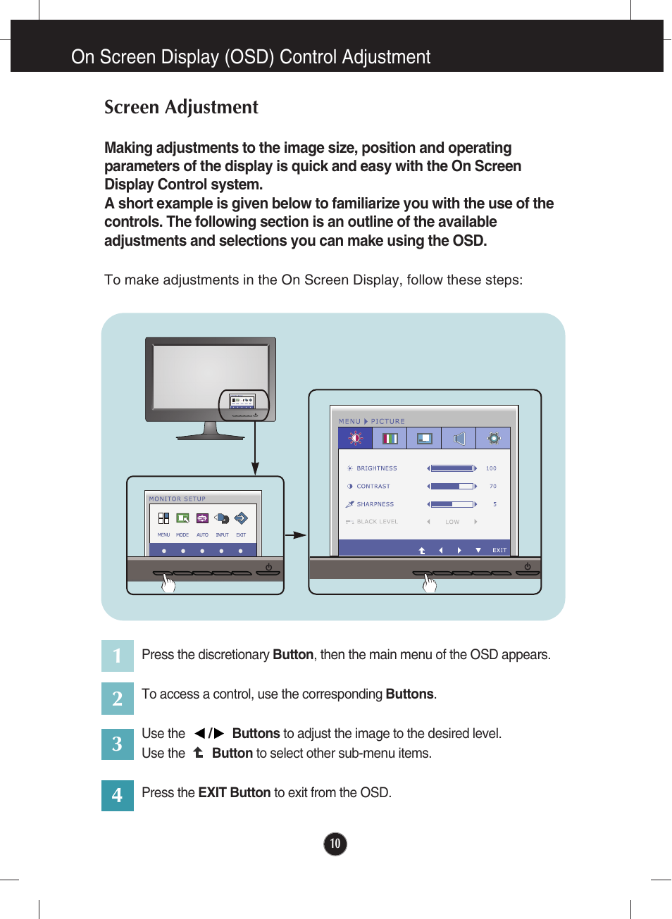 On screen display (osd) control adjustment, Screen adjustment | LG E2340V-PN User Manual | Page 11 / 28