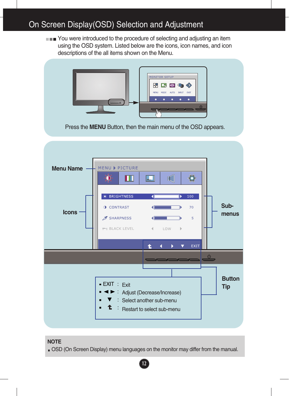 On screen display(osd) selection and adjustment | LG E2340V-PN User Manual | Page 13 / 28