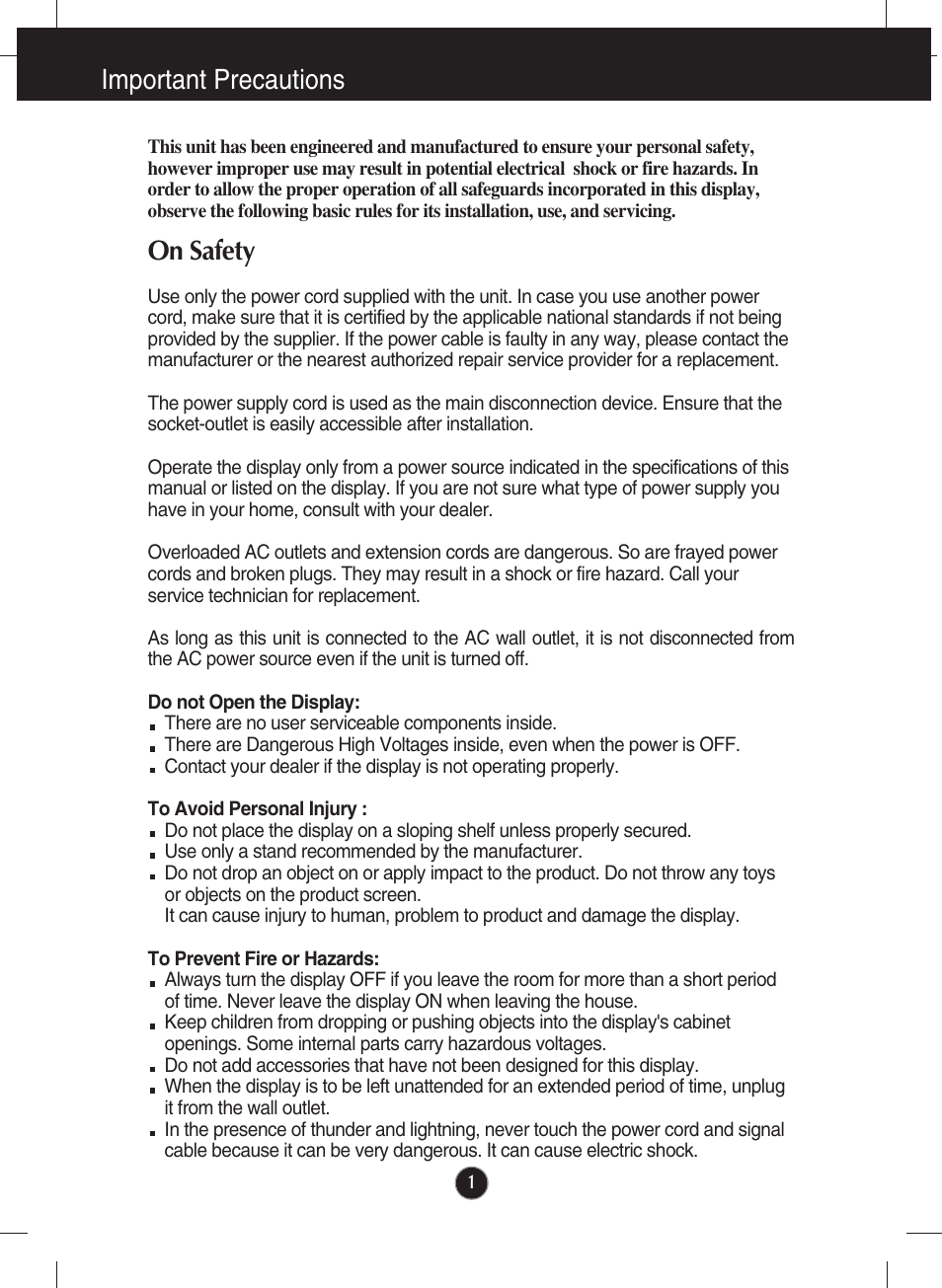Important precautions, On safety | LG E2340V-PN User Manual | Page 2 / 28