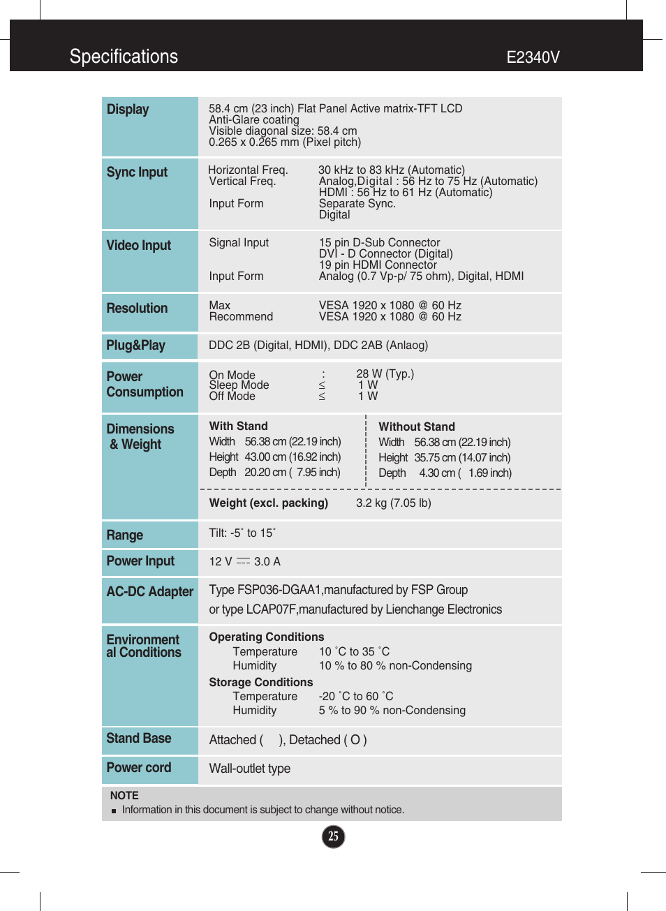 E2340v, Specifications | LG E2340V-PN User Manual | Page 26 / 28