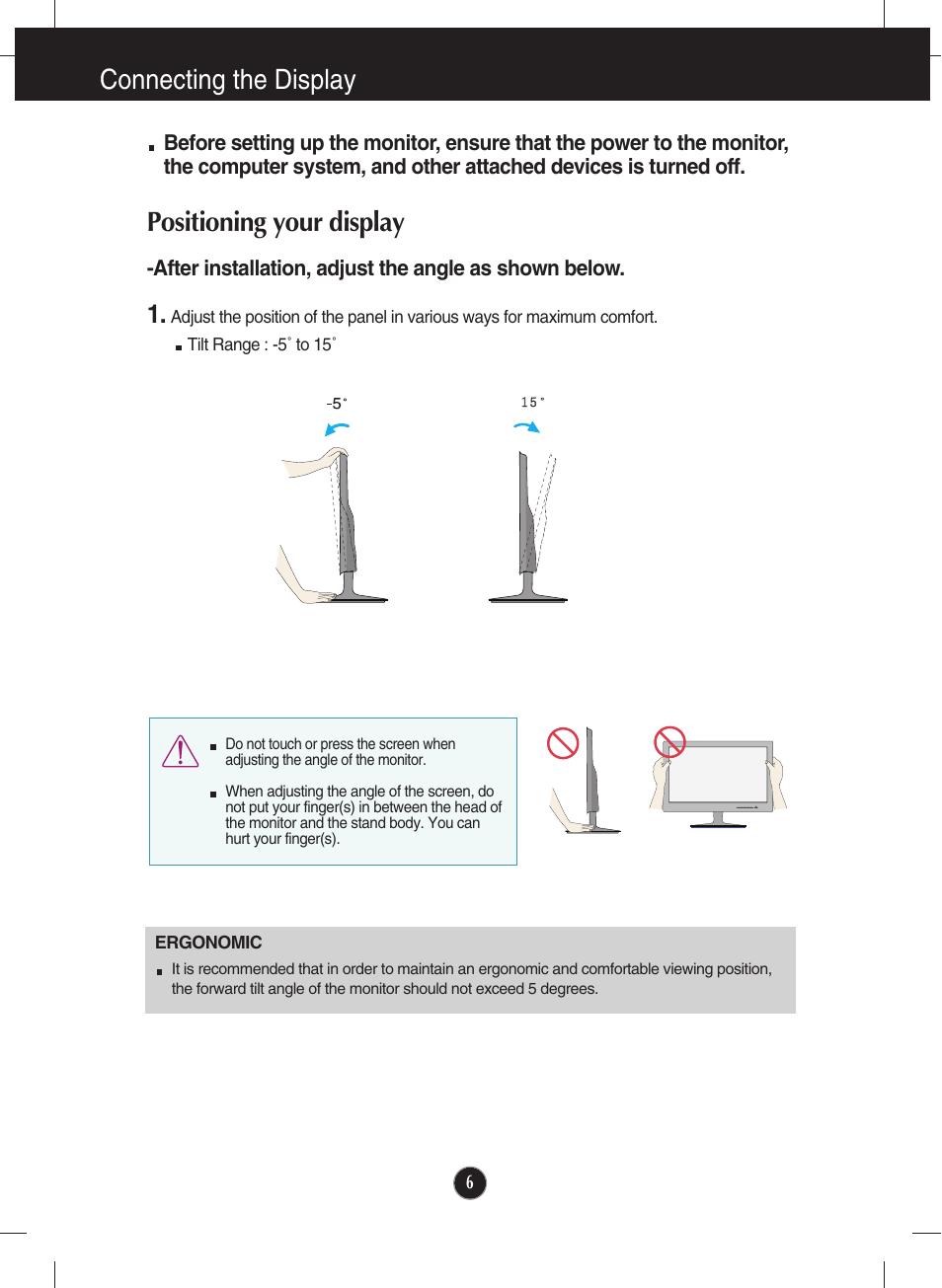 Positioning your display, Connecting the display | LG E2340V-PN User Manual | Page 7 / 28