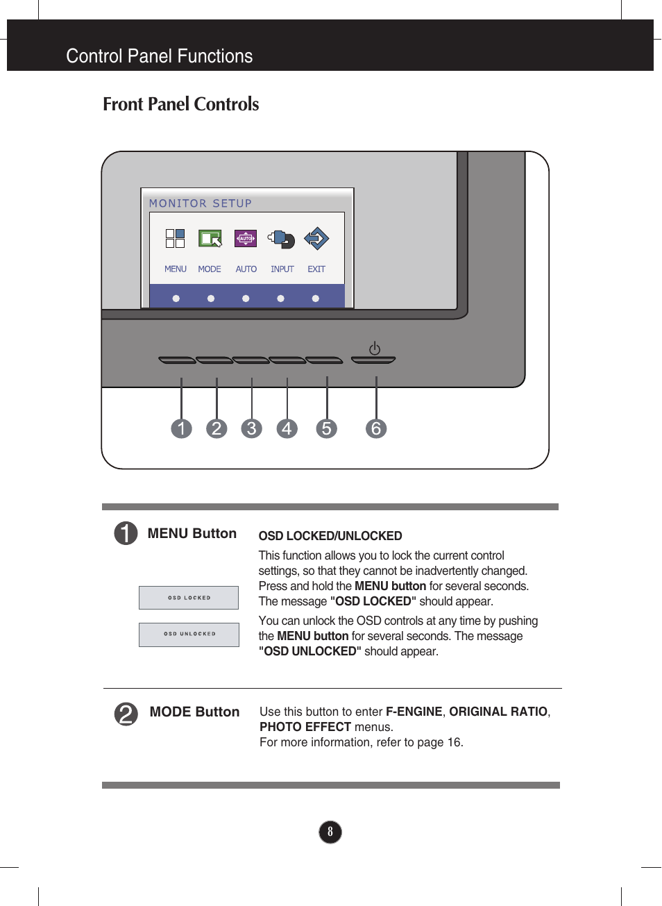 Control panel functions, Front panel controls, Control panel functions front panel controls | LG E2340V-PN User Manual | Page 9 / 28