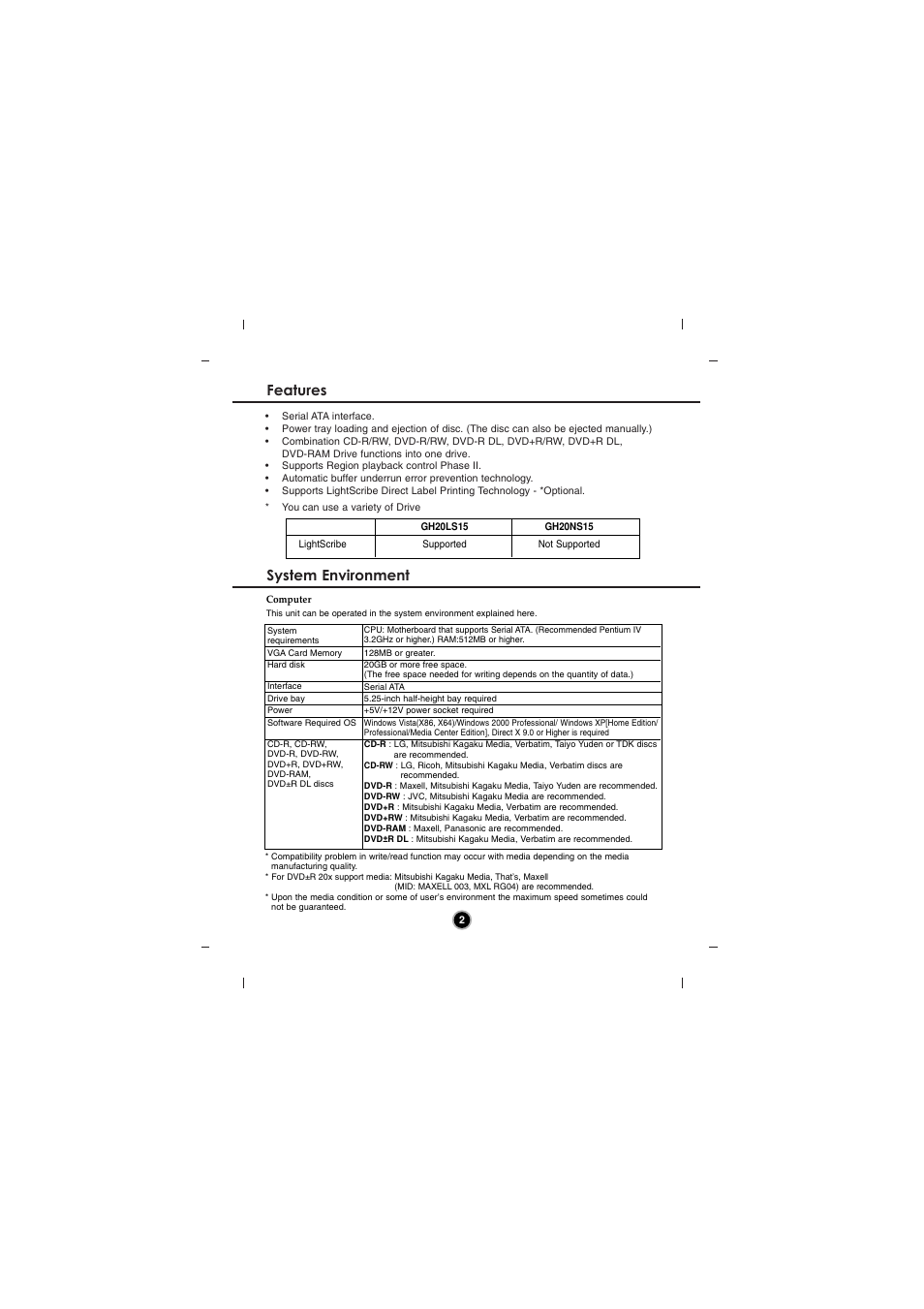 Features system environment | LG GH20NS15 User Manual | Page 5 / 13
