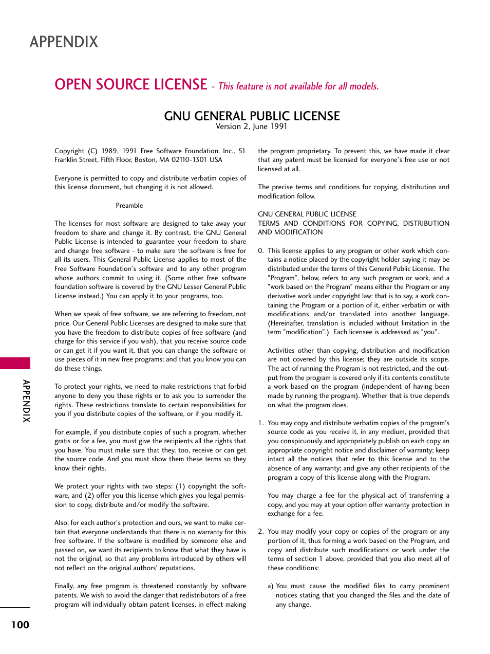 Open source license, Appendix, Gnu general public license | This feature is not available for all models | LG 22LG30-UA User Manual | Page 102 / 116