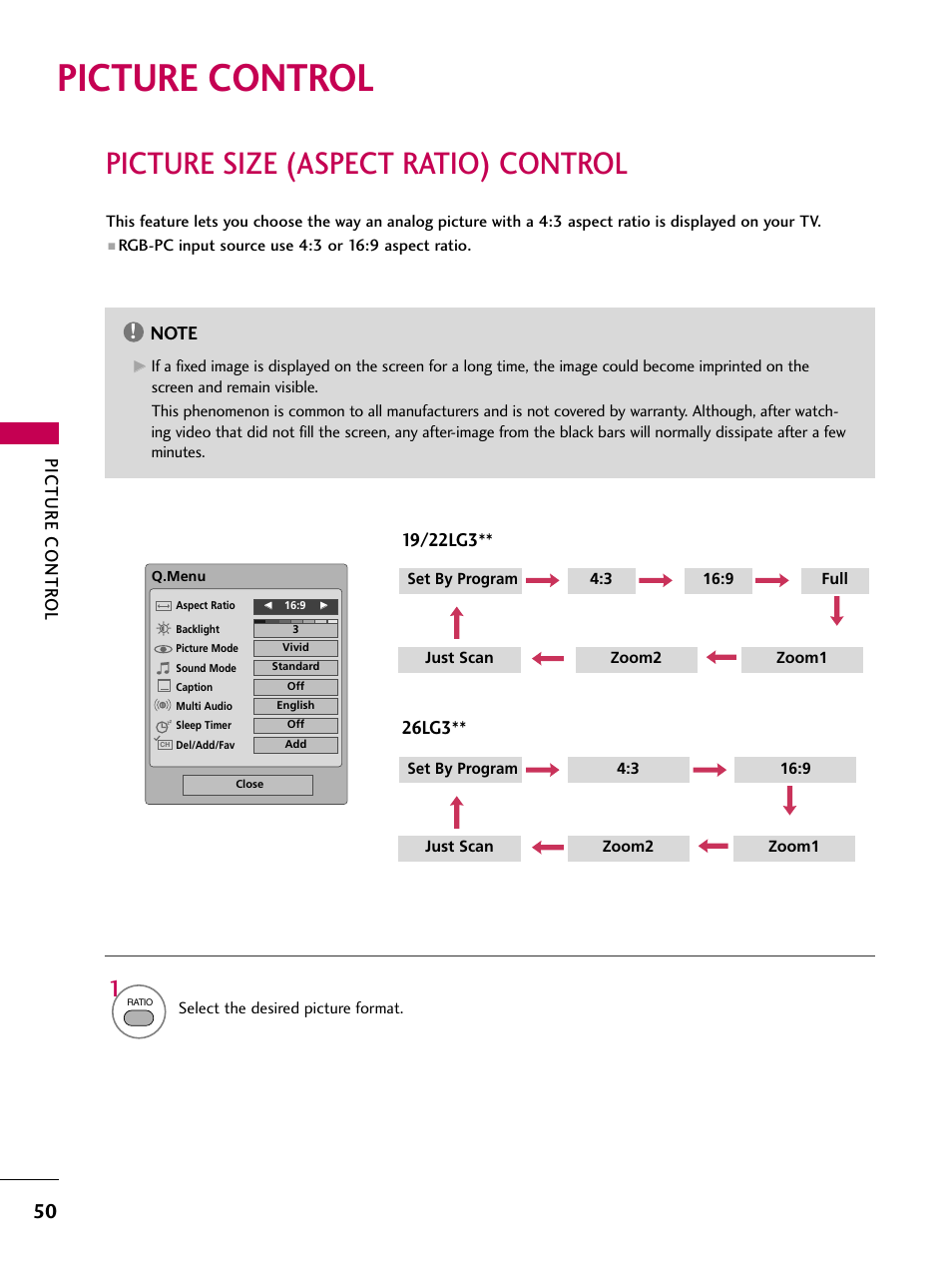 Picture control, Picture size (aspect ratio) control, Picture contr ol | LG 22LG30-UA User Manual | Page 52 / 116