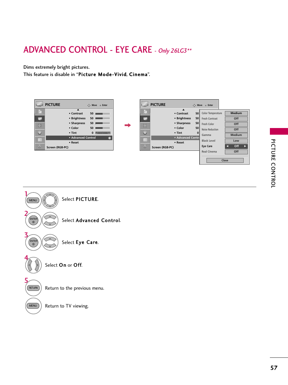 Advanced control - eye care, Only 26lg3, Picture contr ol | Select o o nn or o o ff ff, Return to the previous menu, Return to tv viewing | LG 22LG30-UA User Manual | Page 59 / 116