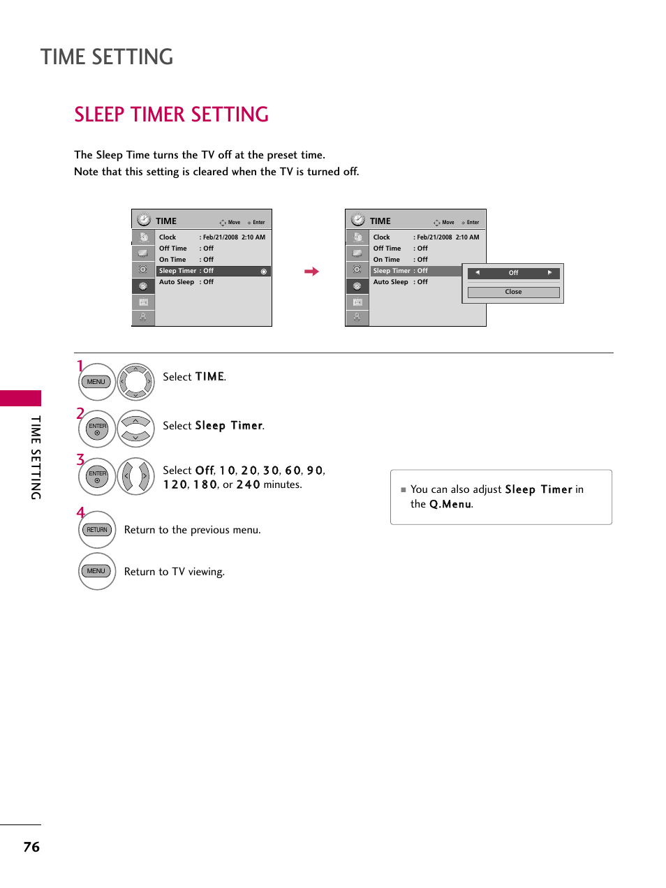 Sleep timer setting, Time setting | LG 22LG30-UA User Manual | Page 78 / 116