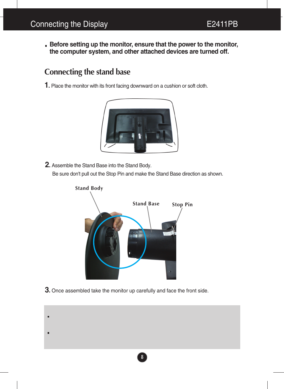 Connecting the display e2411pb, Connecting the stand base | LG E2411PB-BN User Manual | Page 10 / 36