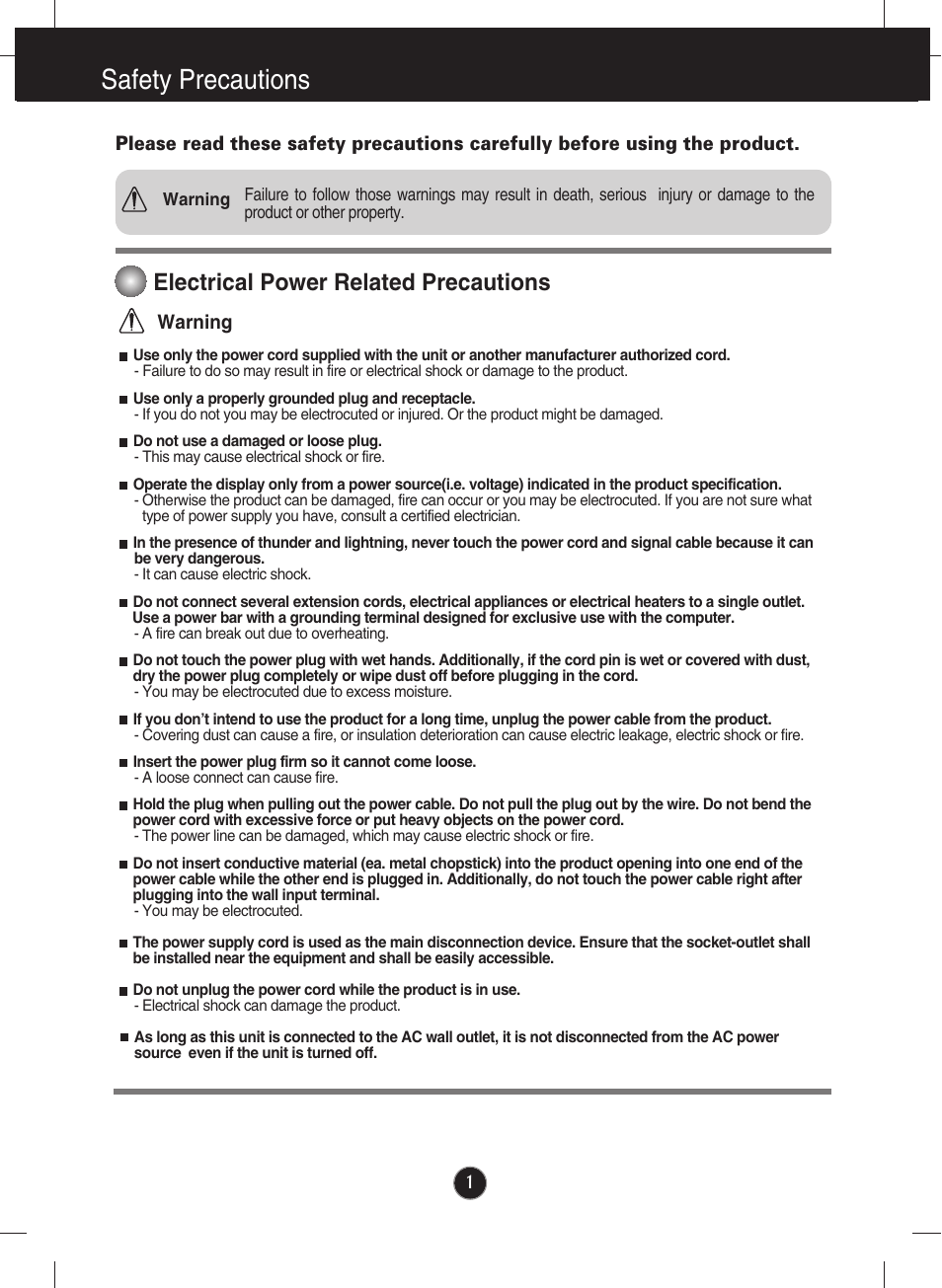 Safety precautions, Electrical power related precautions | LG E2411PB-BN User Manual | Page 3 / 36