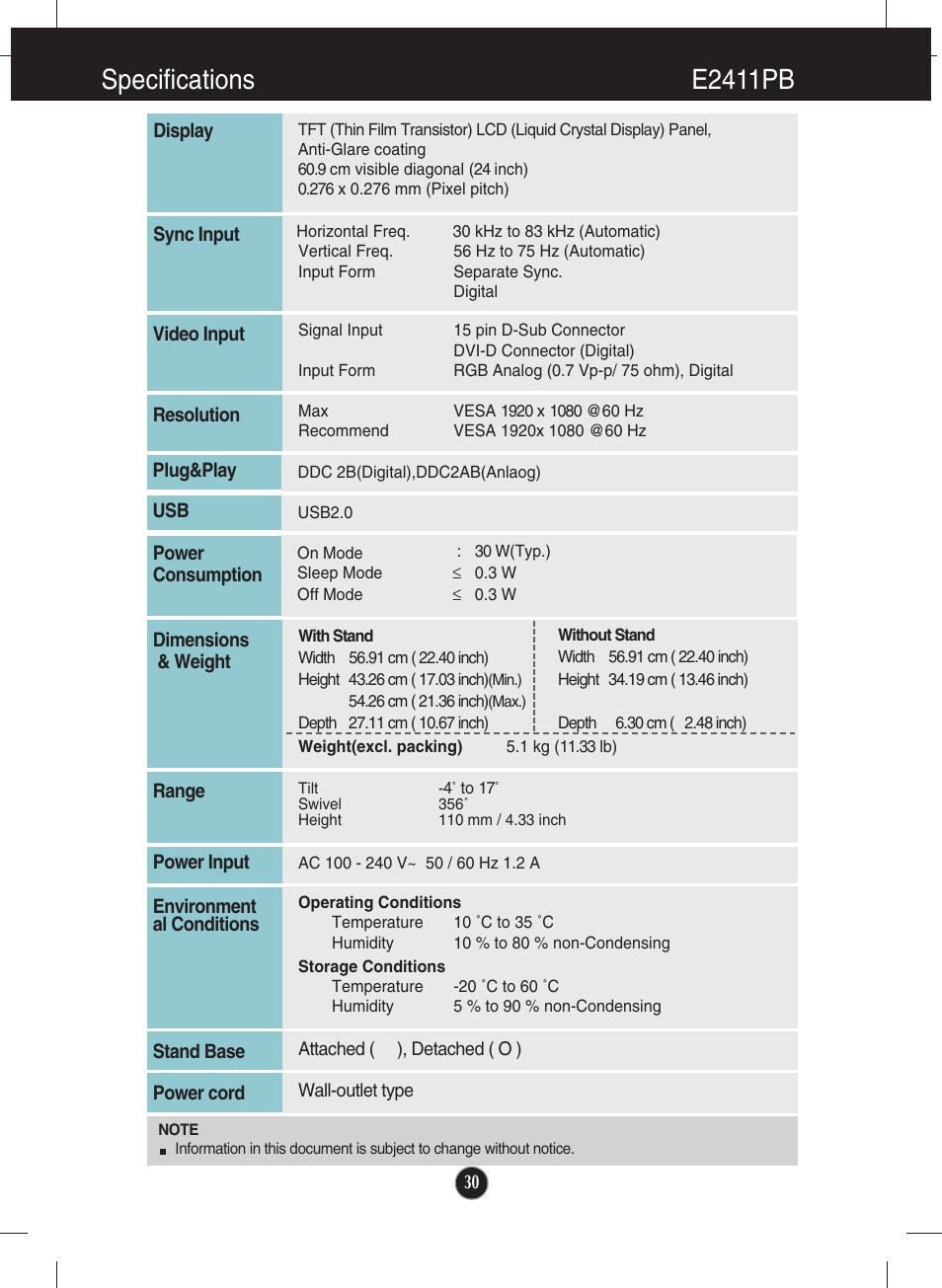 E2411pb, Specifications e2411pb | LG E2411PB-BN User Manual | Page 32 / 36