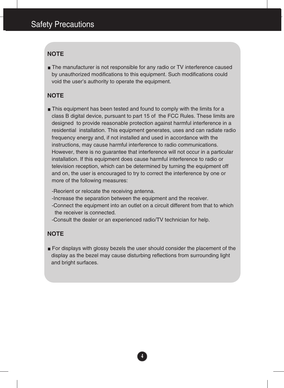 Safety precautions | LG E2411PB-BN User Manual | Page 6 / 36